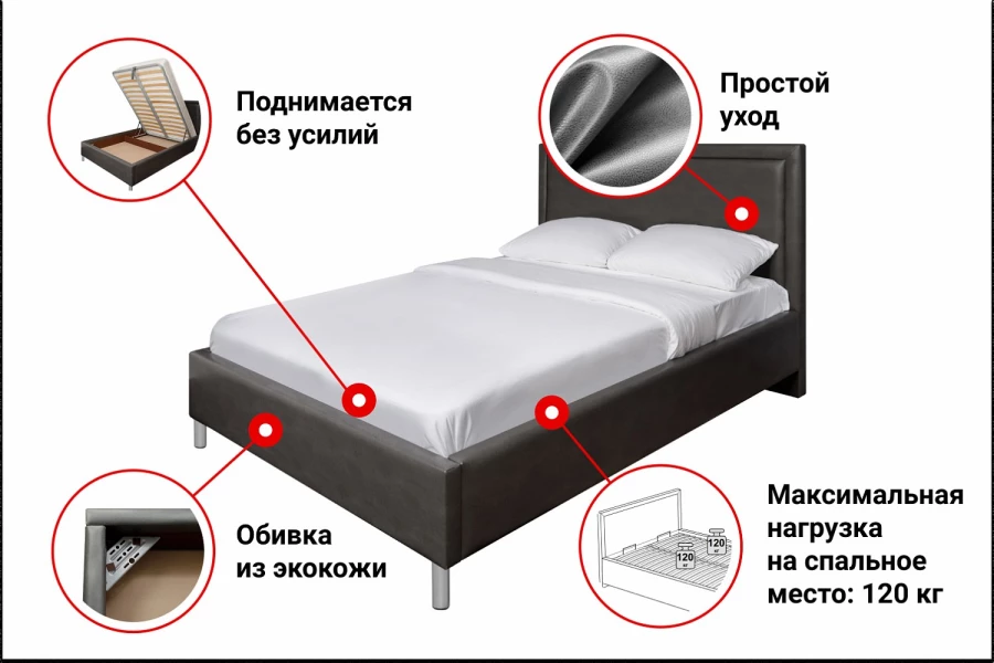 Кровать из экокожи с подъемным механизмом 140х200