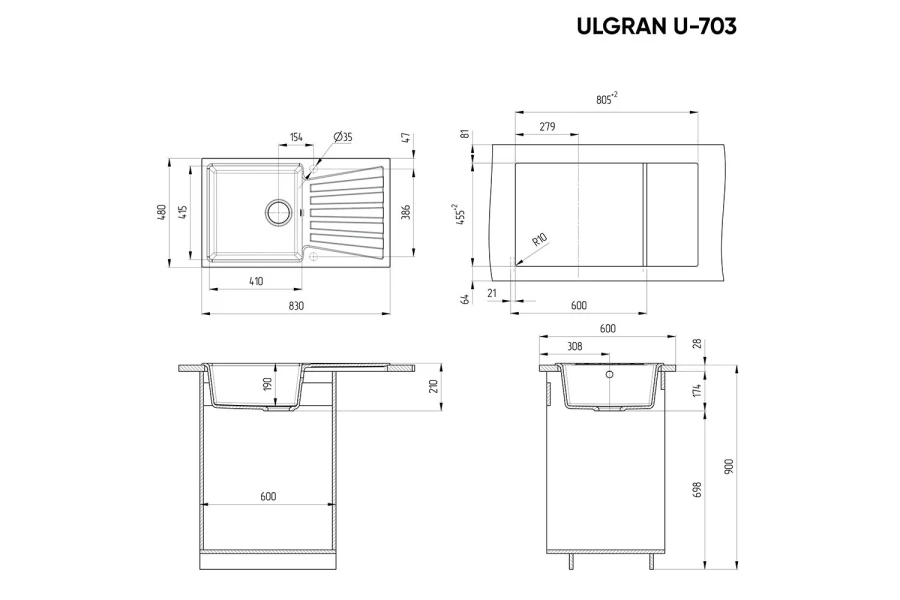 Мойка врезная с крылом ULGRAN u-700 (изображение №3)