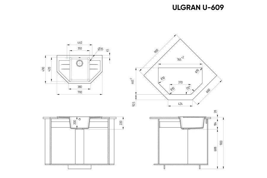 Мойка врезная с крылом ULGRAN u-609 (изображение №3)