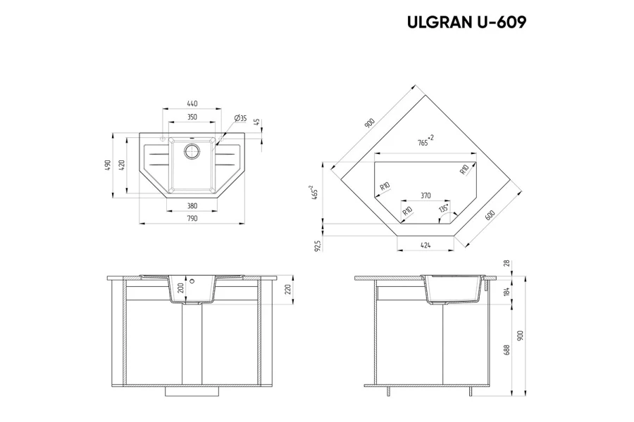 Мойка врезная с крылом ULGRAN u-609 (изображение №3)