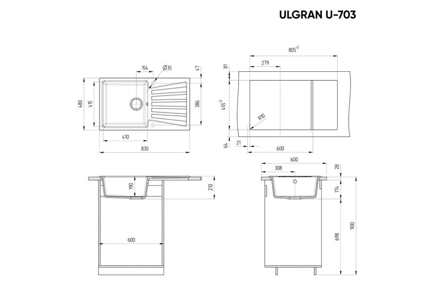 Мойка врезная с крылом ULGRAN u-703 (изображение №3)