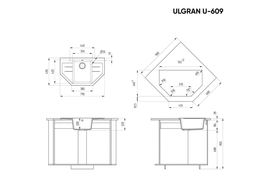 Мойка врезная с крылом ULGRAN u-609 (изображение №3)