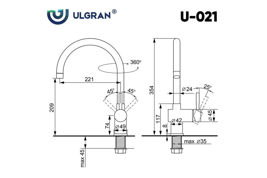 Смеситель для кухни ULGRAN U-021 (изображение №3)