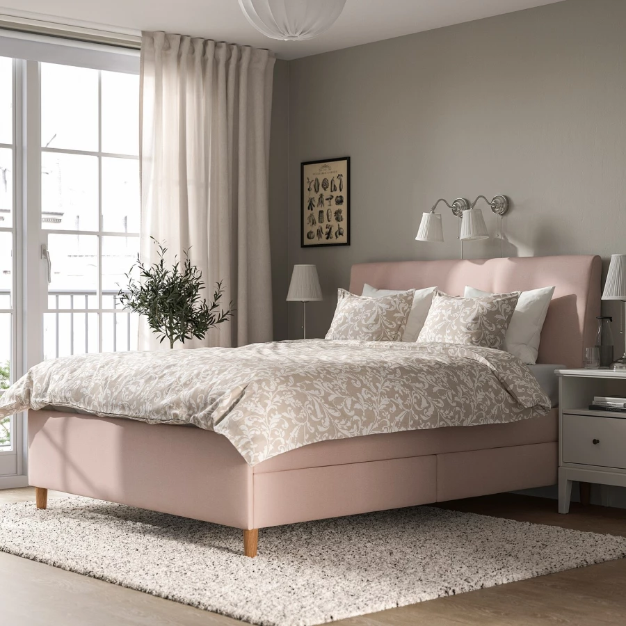 Кровать мягкая с ящиками - IKEA IDANÄS/IDANAS, 200х160 см, бледно розовая, ИДАНЭС ИКЕА (изображение №2)