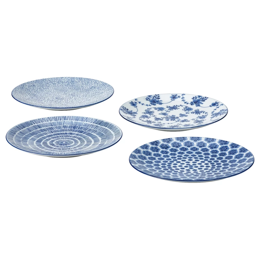 Набор тарелок, 4 шт. - IKEA ENTUSIASM, 18 см, белый/синий, ЭНТУЗИАЗМ ИКЕА (изображение №1)