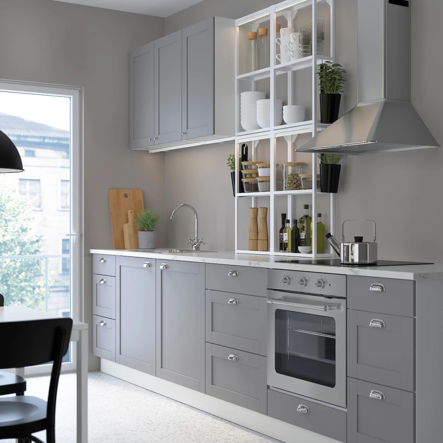 Угловая кухонная комбинация для хранения - ENHET  IKEA/ ЭНХЕТ ИКЕА, 323х63,5х241 см, белый/серый (изображение №2)