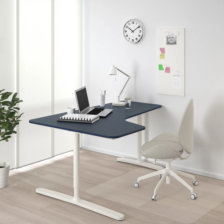 Письменный стол (левый угол) - IKEA BEKANT, 160х110х65-85 см, белый/синий, БЕКАНТ ИКЕА (изображение №2)