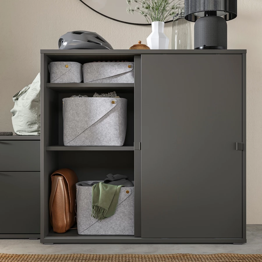 Шкаф с раздвижными дверцами - IKEA VIHALS/ВИХАЛС ИКЕА, 95х47х90 см, темно-серый (изображение №3)