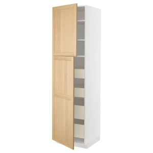 Высокий шкаф с ящиками - IKEA METOD/MAXIMERA/МЕТОД/МАКСИМЕРА ИКЕА, 220х60х60 см, белый/светло-коричневый