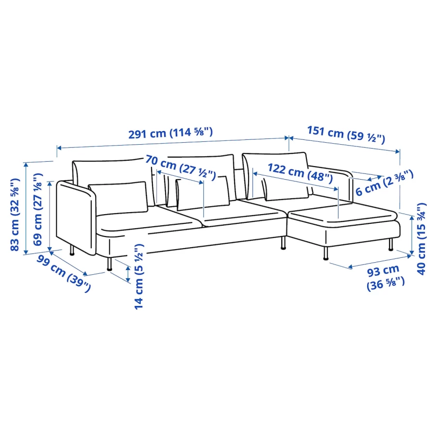 3-местный диван и козетка - IKEA SÖDERHAMN/SODERHAMN, 99x291см, серый, СЕДЕРХАМН ИКЕА (изображение №4)