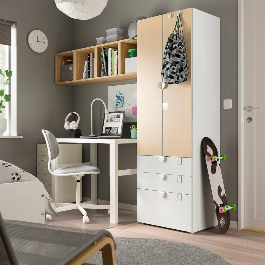 Шкаф детский - IKEA SMÅSTAD/SMASTAD, 60x42x181 см, белый/светло-коричневый, СМОСТАД ИКЕА (изображение №3)