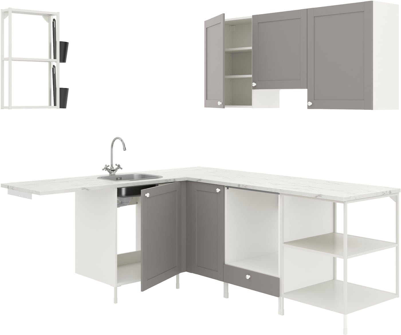Угловой кухонный гарнитур - IKEA ENHET, 190.5х228.5х75 см, белый/серый, ЭНХЕТ ИКЕА