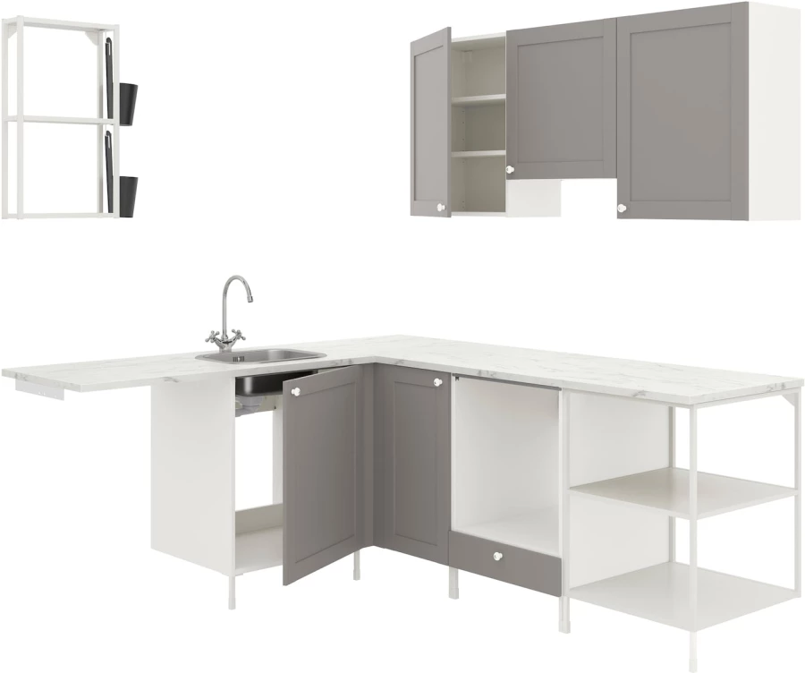 Угловой кухонный гарнитур - IKEA ENHET, 190.5х228.5х75 см, белый/серый, ЭНХЕТ ИКЕА (изображение №1)