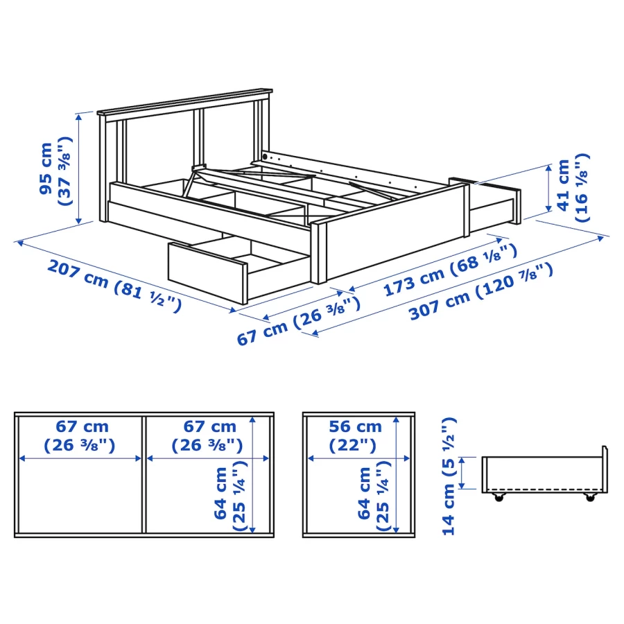 Каркас кровати с 4 ящиками для хранения - IKEA SONGESAND/LURÖY/LUROY, 200х160 см, белый, СОНГЕСАНД/ЛУРОЙ ИКЕА (изображение №11)
