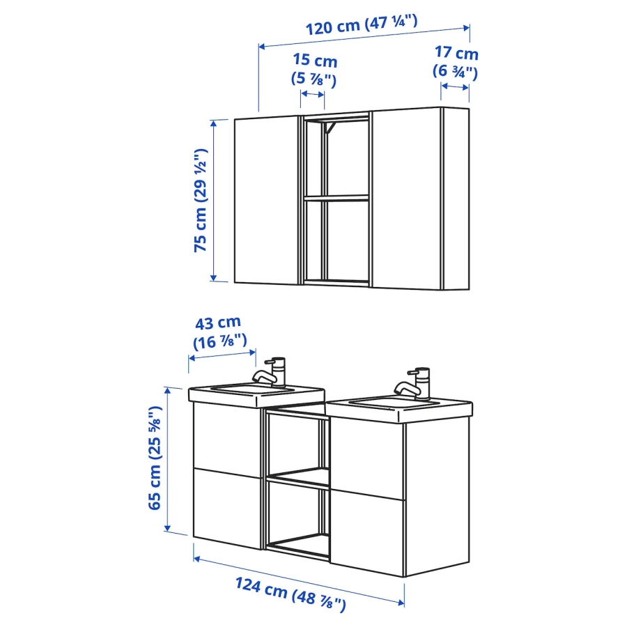 Комбинация для ванной - IKEA ENHET, 124х43х65 см, белый/имитация дуба, ЭНХЕТ ИКЕА (изображение №3)