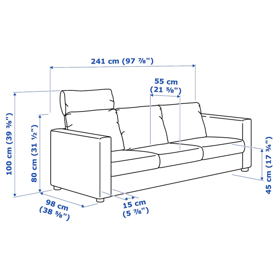 3-местный диван с подголовником - IKEA VIMLE, 241х98х80 см, черный, кожа, ВИМЛЕ ИКЕА (изображение №8)