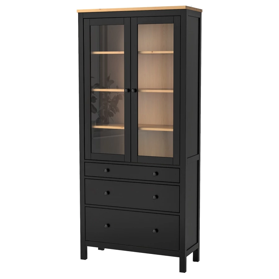 Шкаф со стеклянными дверцами - IKEA HEMNES/ХЕМНЭС  ИКЕА, 90x197х37 см, коричневый (изображение №1)