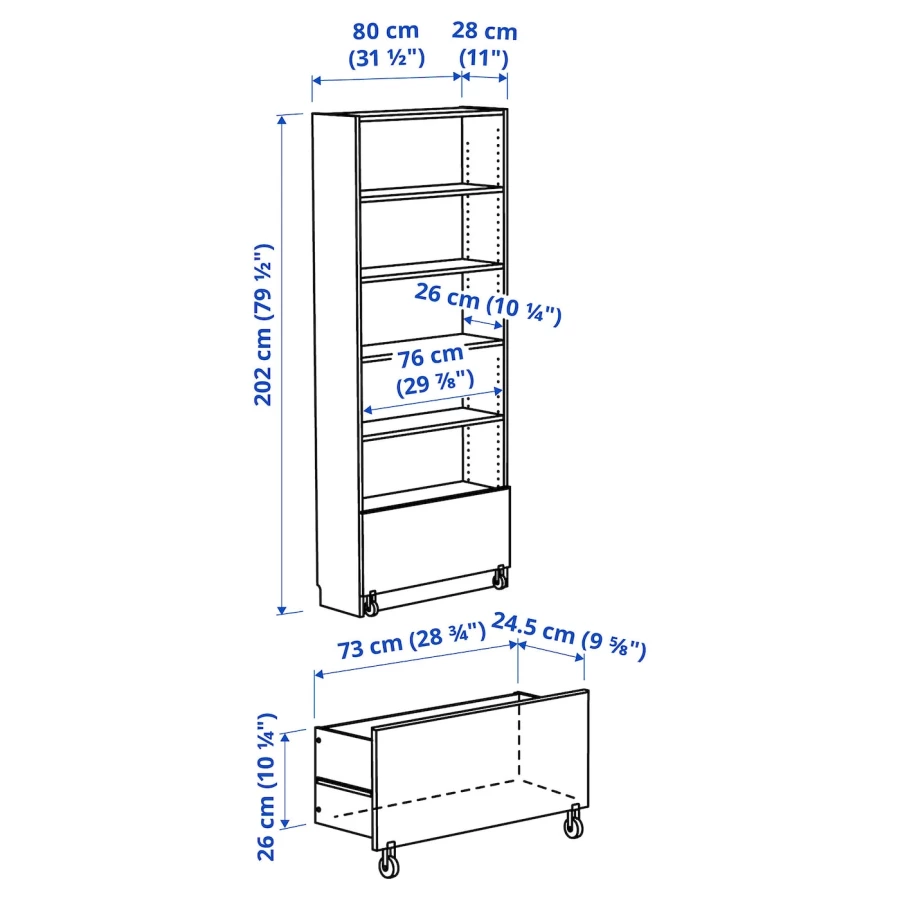 Книжный шкаф с ящиками - BILLY IKEA/БИЛЛИ ИКЕА, 30х80х202 см, белый (изображение №6)