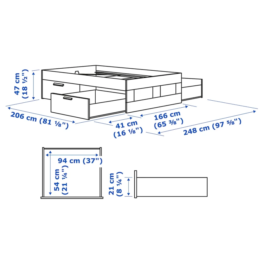 Каркас кровати с ящиками - IKEA BRIMNES/LURÖY/LUROY, 160х200 см, белый, БРИМНЭС/БРИМНЕС/ЛУРОЙ ИКЕА (изображение №7)