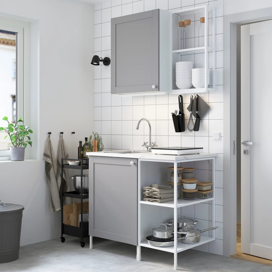 Комбинация для кухонного хранения  - ENHET  IKEA/ ЭНХЕТ ИКЕА, 103x63,5x222 см, белый/серый (изображение №2)