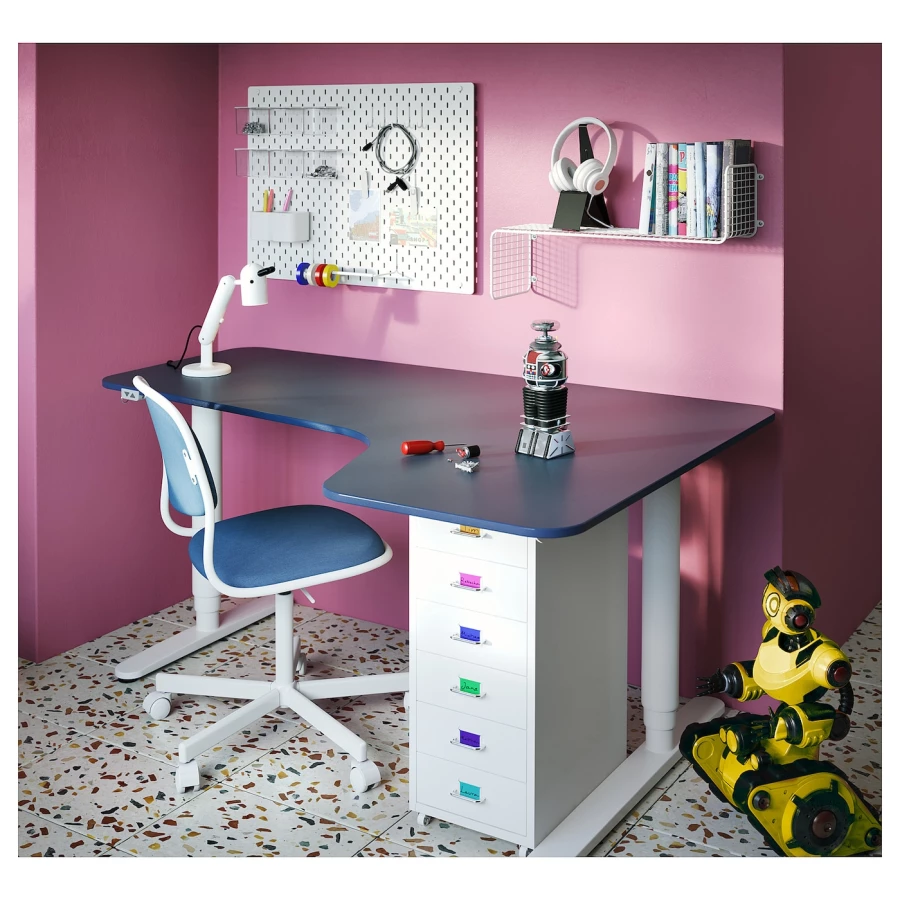 Письменный стол (правый угол) - IKEA BEKANT, 160х110х65-125 см, белый/синий, БЕКАНТ ИКЕА (изображение №3)