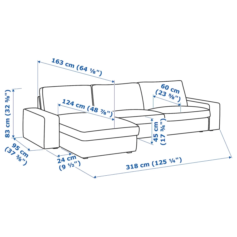 3-местный диван и шезлонг - IKEA KIVIK, 83x95/163x318см, серый/светло-серый, КИВИК ИКЕА (изображение №8)