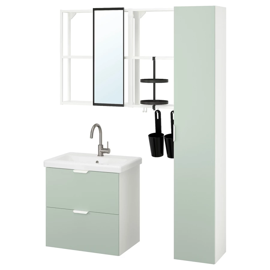 Комбинация для ванной - IKEA ENHET/TVÄLLEN/TVALLEN, 64х43х65 см, белый/светло-зеленый, ЭНХЕТ/ТВЭЛЛЕН ИКЕА (изображение №1)