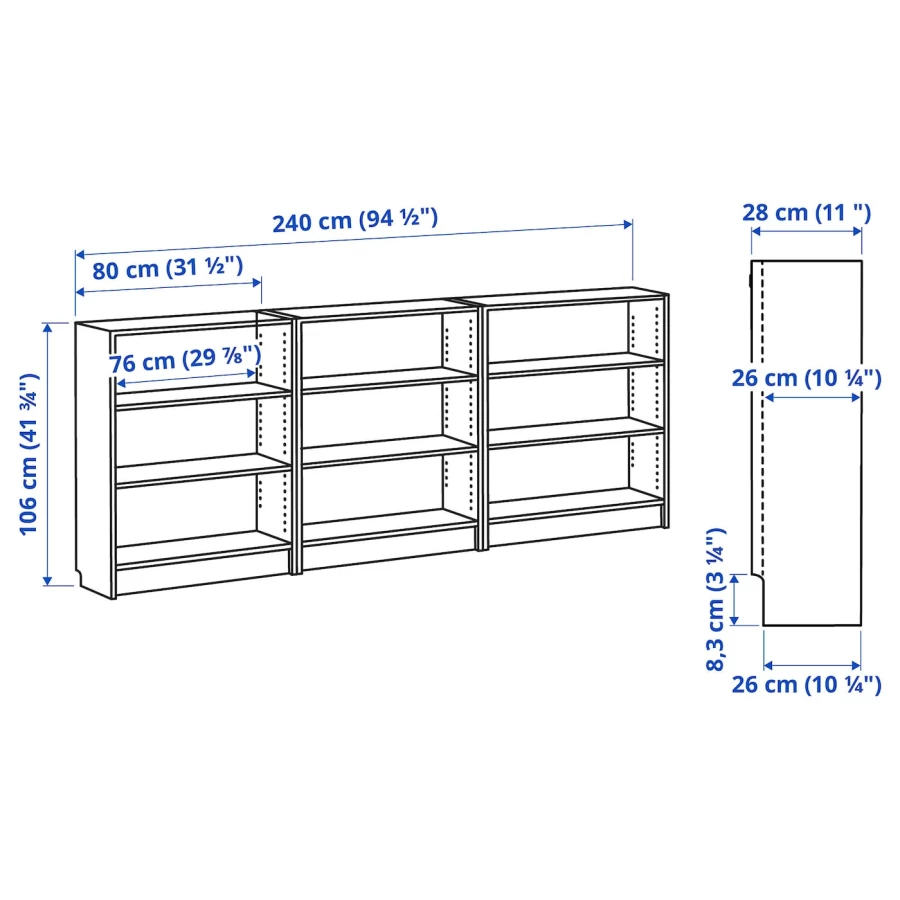 Открытый книжный шкаф - BILLY IKEA/БИЛЛИ ИКЕА, 28х240х106 см, белый (изображение №4)