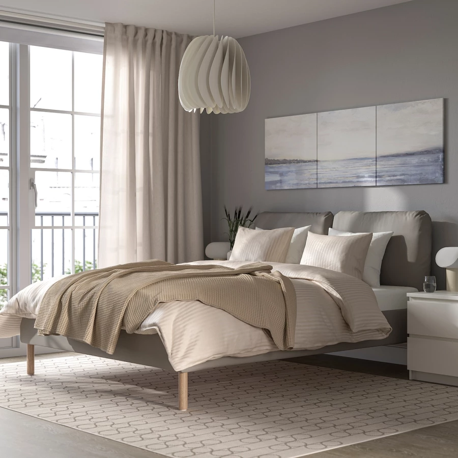 Каркас кровати с обивкой - IKEA SAGESUND, 200х140 см, серый, САГЕСЕНД ИКЕА (изображение №2)