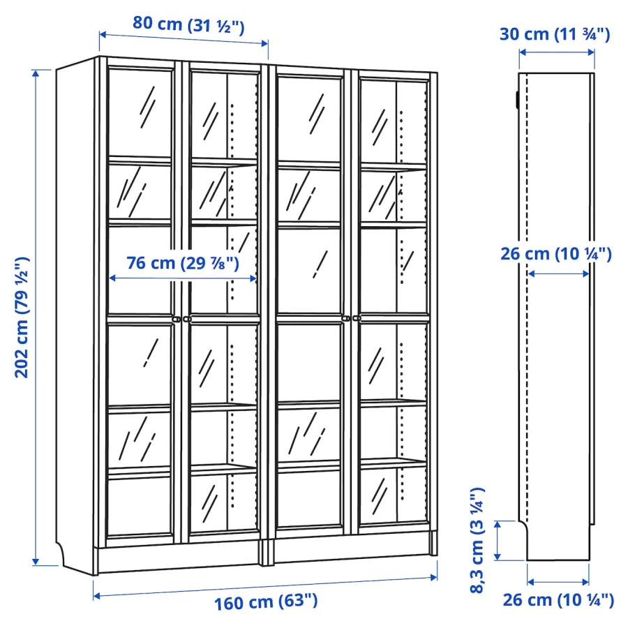 Книжный шкаф со стеклянной дверцей - BILLY/OXBERG IKEA/ БИЛЛИ/ОКСБЕРГ ИКЕА, 30х160х202 см, белый (изображение №5)