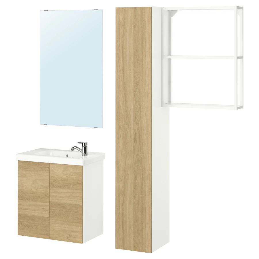 Комбинация для ванной - IKEA ENHET, 64х33х65 см, белый/имитация дуба, ЭНХЕТ ИКЕА (изображение №1)