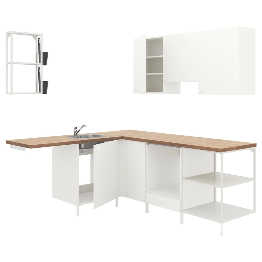 Угловой кухонный гарнитур - IKEA ENHET, 190.5х228.5х75 см, белый, ЭНХЕТ ИКЕА (изображение №1)