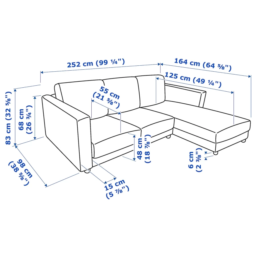 Диван угловой 2-местный - IKEA VIMLE, 252х98/164х83 см, серый, ВИМЛЕ ИКЕА (изображение №10)