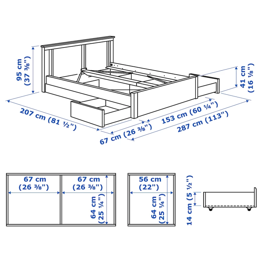 Каркас кровати с 4 ящиками для хранения - IKEA SONGESAND/LÖNSET/LONSET, 200х140 см, белый, СОНГЕСАНД/ЛОНСЕТ ИКЕА (изображение №11)