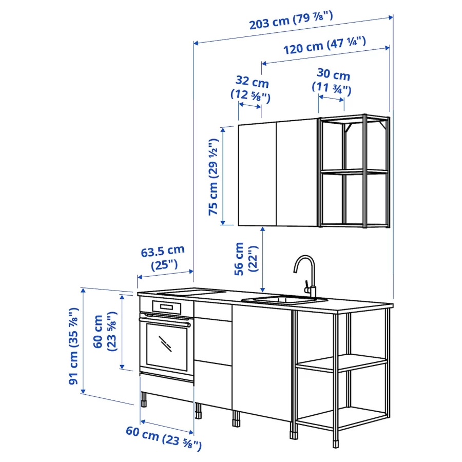 Кухня - IKEA ENHET/ЭНХЕТ ИКЕА, 222х203х63,5 см, белый/серый (изображение №3)