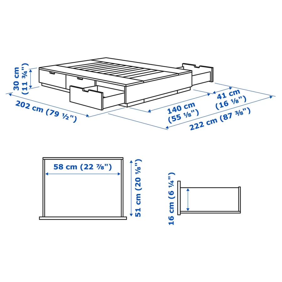 Каркас кровати с контейнером и матрасом - IKEA NORDLI, 200х140 см, матрас средне-жесткий, черный, НОРДЛИ ИКЕА (изображение №12)