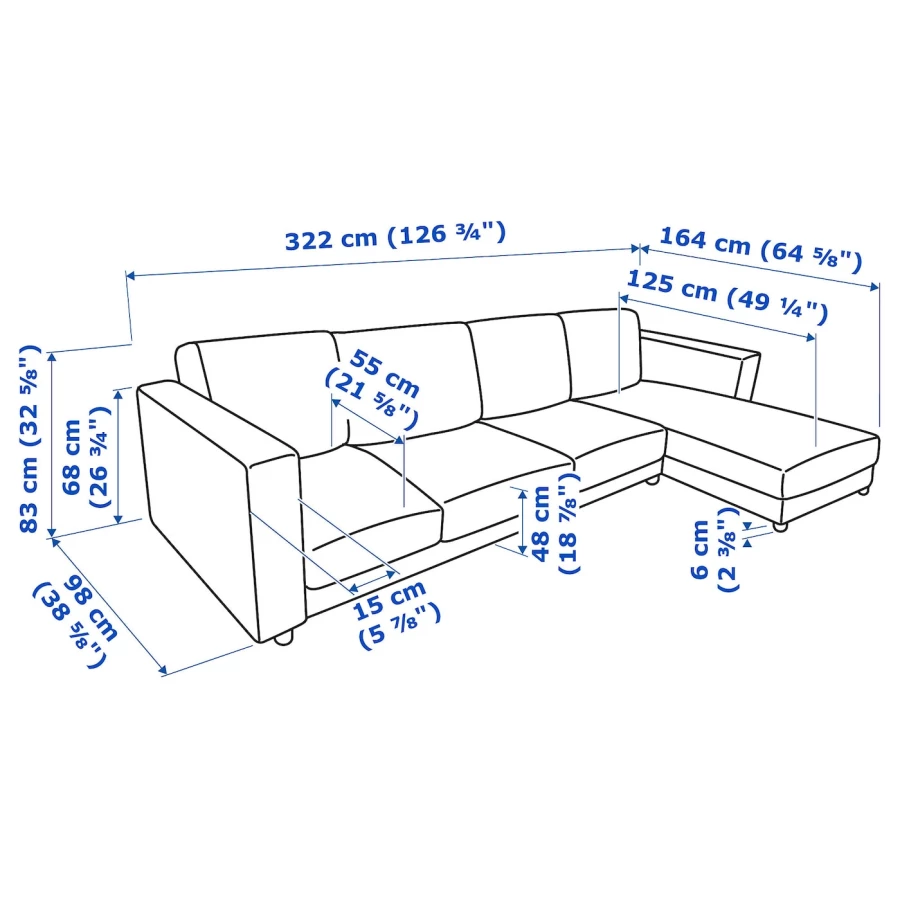 Диван угловой 3-местный - IKEA VIMLE, 322х98/164х83 см, серый, ВИМЛЕ ИКЕА (изображение №9)