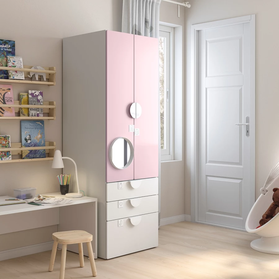 Шкаф - PLATSA/ SMÅSTAD / SMАSTAD  IKEA/ ПЛАТСА/СМОСТАД  ИКЕА, 60x57x181 см, белый/розовый (изображение №2)