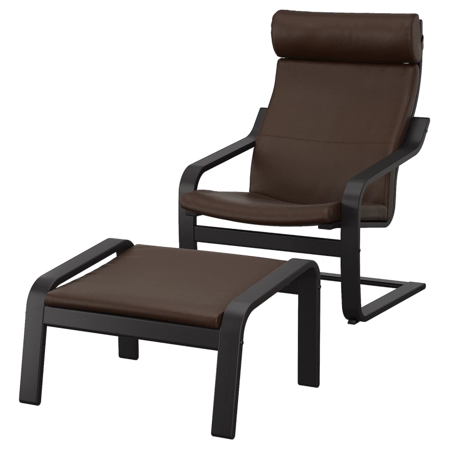 Кресло с подставкой для ног - IKEA POÄNG/POANG/ИКЕА ПОЭНГ , 100х82х68см, черно-коричневый/глос темно-коричневый (изображение №1)