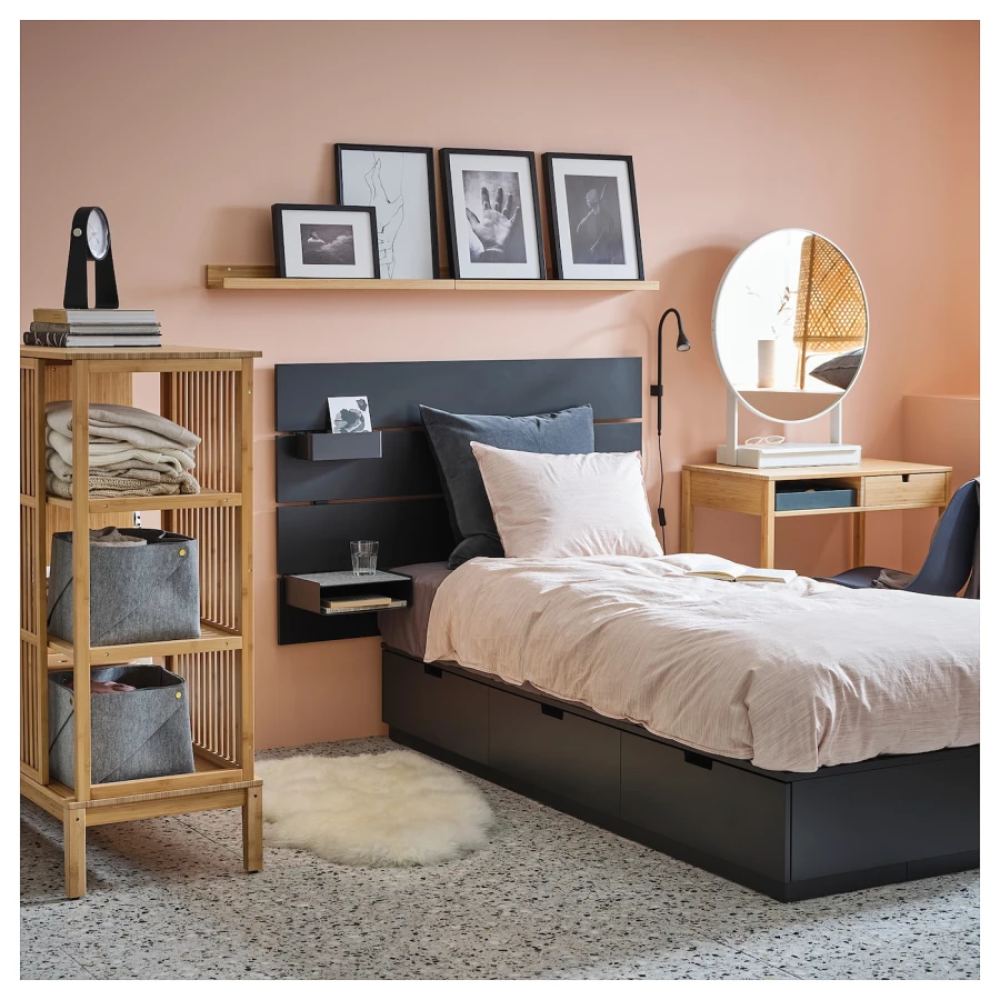 Каркас кровати с контейнером и матрасом - IKEA NORDLI, 200х90 см, матрас жесткий, черный, НОРДЛИ ИКЕА (изображение №4)