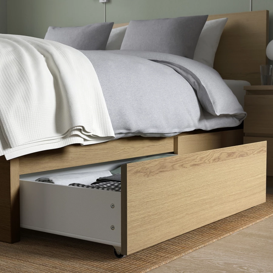 Каркас кровати с 2 ящиками для хранения - IKEA MALM, 160х200 см, дубовый шпон, беленый МАЛЬМ ИКЕА (изображение №7)