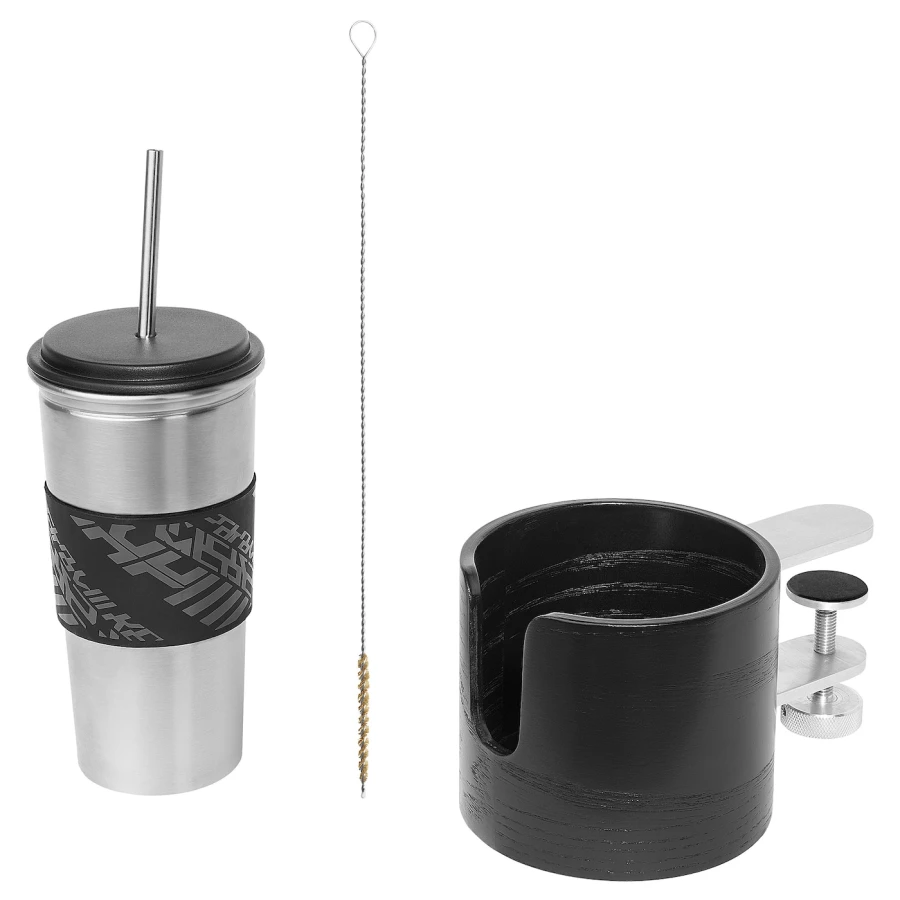 Набор: стакан, держатель для стакана - IKEA LÅNESPELARE/LANESPELARE, 500 мл, нержавеющая сталь/черный, ЛОНЕСПЕЛАРЕ ИКЕА (изображение №1)