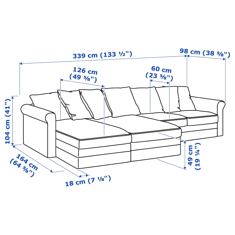 2 шезлонга и 2-местный диван - IKEA GRÖNLID/GRONLID,  98x339см, серый/синий, ГРЕНЛИД ИКЕА (изображение №9)