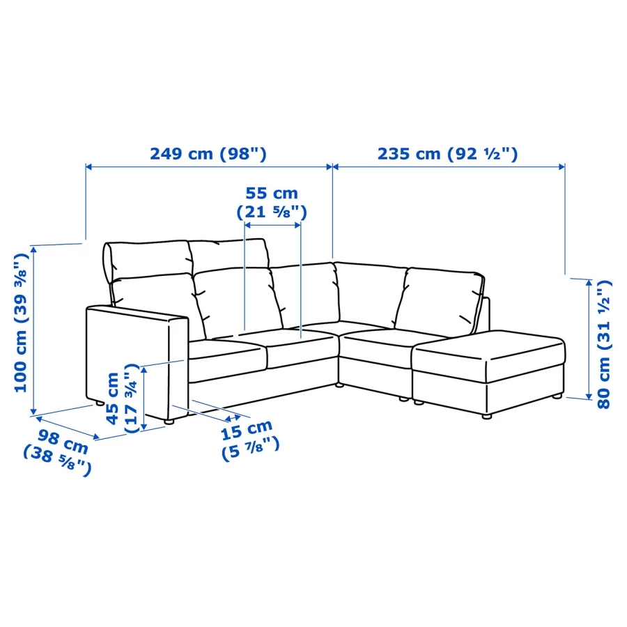 4-местный угловой диван - IKEA VIMLE, 249х98х100 см, черный, кожа, ВИМЛЕ ИКЕА (изображение №8)