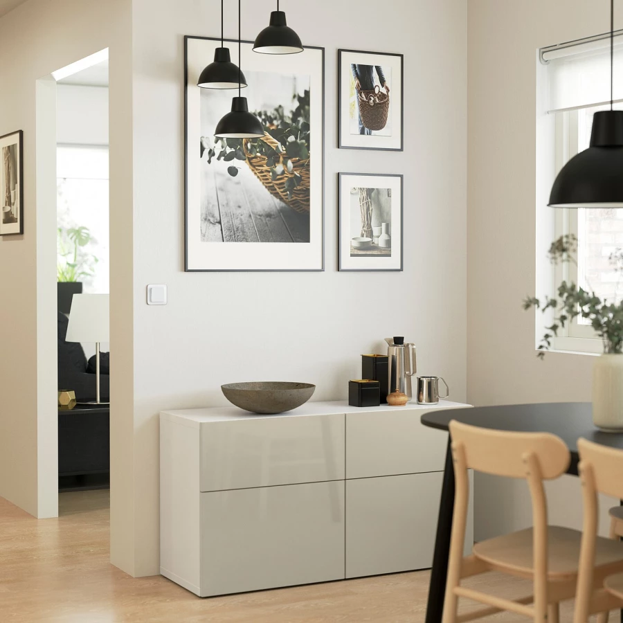 Комбинация для хранения - IKEA BESTÅ/BESTA, 120х42х65 см, серо-бежевый глянец/белый, БЕСТО ИКЕА (изображение №3)