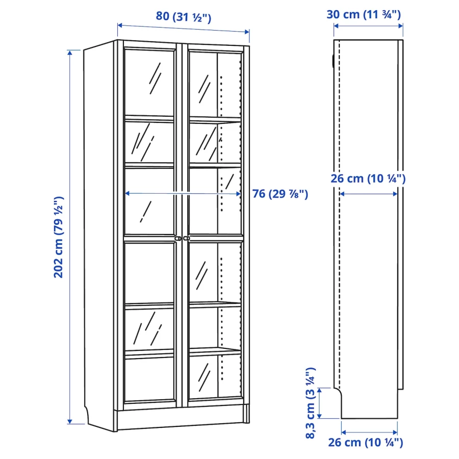 Книжный шкаф со стеклянной дверцей - BILLY/OXBERG IKEA/БИЛЛИ/ОКСБЕРГ ИКЕА, 30х80х202 см, белый (изображение №5)