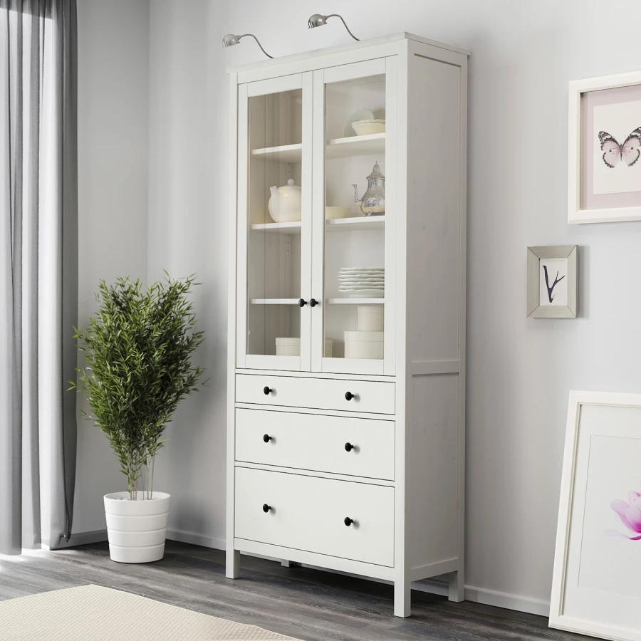 Шкаф со стеклянными дверцами - IKEA HEMNES/ХЕМНЭС  ИКЕА, 90x197х37 см, белый, (изображение №2)