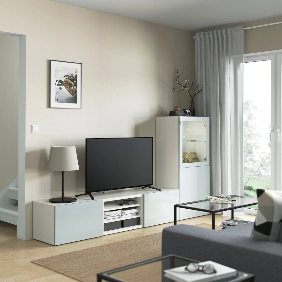 Комбинация для хранения ТВ - IKEA BESTÅ/BESTA, 129x42x240см, белый/голубой, БЕСТО ИКЕА (изображение №3)