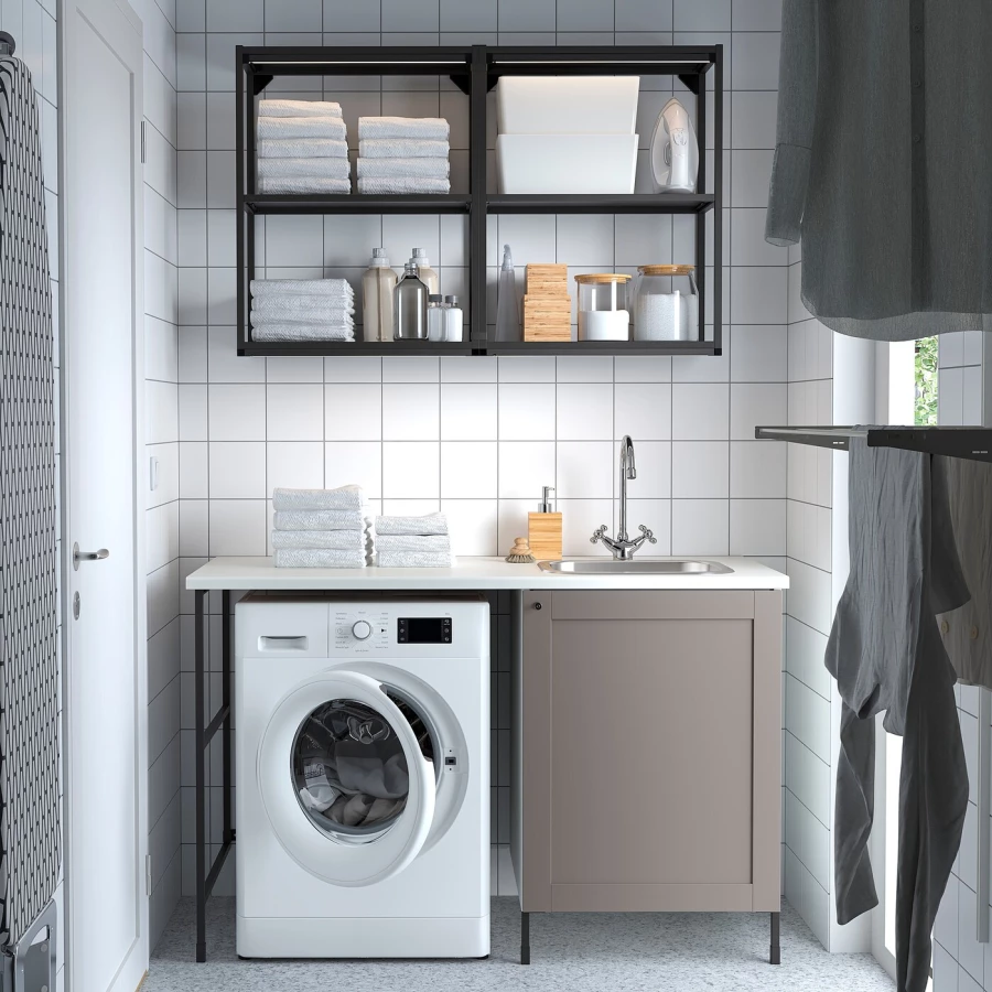 Комбинация шкафов для прачечной и кухни - ENHET  IKEA/ ЭНХЕТ ИКЕА, 139x63,5x87,5 см, белый/серый/черный (изображение №2)