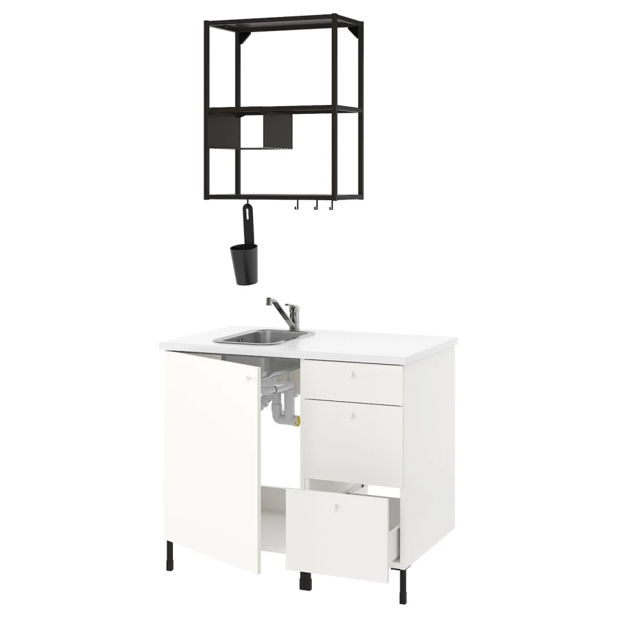 Комбинация шкафов для прачечной и кухни - ENHET  IKEA/ ЭНХЕТ ИКЕА, 103x63,5x222 см, белый/черный (изображение №1)